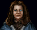 A portrait of a female hobbit in Wizardry 8.